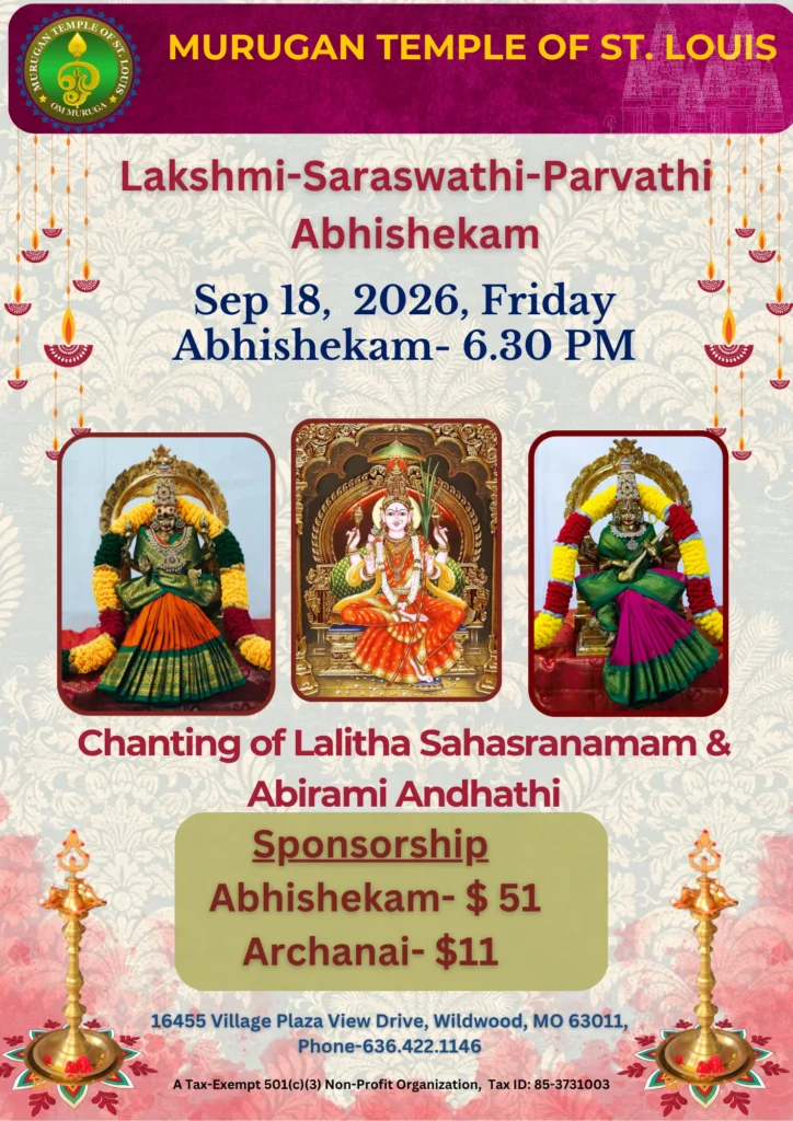 Lakshmi – Saraswathi – Parvathi Abhishekam( 6.30 PM, Fri, Sep18, 2026 )
